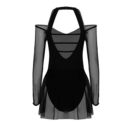 TiaoBug Leotardo Deportivo de Danza Ballet Vestido de Baile Manga Larga Cuello Cogido con Correas Espalda Básica Maillots Mujer Negro M