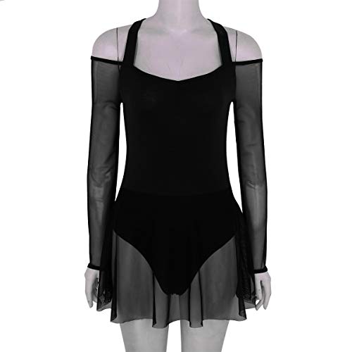 TiaoBug Leotardo Deportivo de Danza Ballet Vestido de Baile Manga Larga Cuello Cogido con Correas Espalda Básica Maillots Mujer Negro M