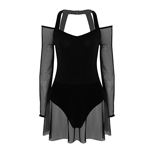 TiaoBug Leotardo Deportivo de Danza Ballet Vestido de Baile Manga Larga Cuello Cogido con Correas Espalda Básica Maillots Mujer Negro M