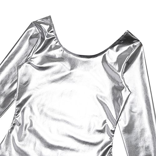 TiaoBug Leotardo Maillot de Danza para Mujer Mono Traje de Charol Brillante Elástica Manga Larga de Ballet Gimnasia Adultas Chicas Plateado Large