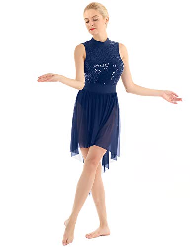 TiaoBug Maillots de Danza Ballet Contemporanea Mujer Tut'u Vestido Baile Lentejuelas de Tirantes Leotardo Gimnasia Falda Irregular Espalda Descubierta de Actuación Navy_Blue Medium