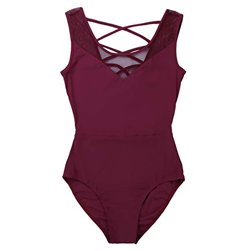 TiaoBug Mujer Maillots Sin Mangas Espalda con Correas Cruzadas Leotardo Elástico de Empalme de Malla Bodysuit Mujer de Práctica Wine Red Medium