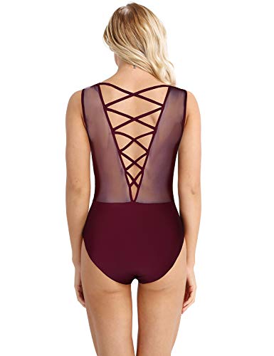 TiaoBug Mujer Maillots Sin Mangas Espalda con Correas Cruzadas Leotardo Elástico de Empalme de Malla Bodysuit Mujer de Práctica Wine Red Medium