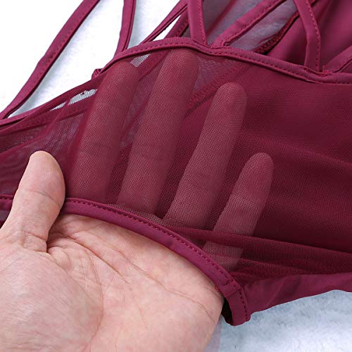 TiaoBug Mujer Maillots Sin Mangas Espalda con Correas Cruzadas Leotardo Elástico de Empalme de Malla Bodysuit Mujer de Práctica Wine Red Medium