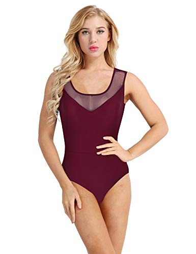 TiaoBug Mujer Maillots Sin Mangas Espalda con Correas Cruzadas Leotardo Elástico de Empalme de Malla Bodysuit Mujer de Práctica Wine Red Medium