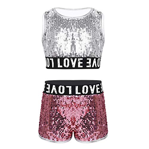 TiaoBug Ropa Deportiva de Danza Fitness Disfraz Niñas de Danza Moderna Jazz Hip Hop Lentejuelas Maillots Gimnasia Tank Top Deportivo Pantalones Cortos Gym Deportes Silver&Pink 10 años TiaoBug Ropa Deportiva de Danza Fitness Disfraz Niñas de Danza Moderna Jazz Hip Hop Lentejuelas Maillots Gimnasia Tank Top Deportivo Pantalones Cortos Gym Deportes Silver&Pink 10 años