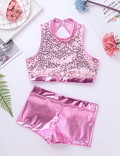 TiaoBug Ropa Deportiva de Danza Fitness Niña Maillot Gimnasia Rítmica Lentejuelas Chandales Cortos Deporte Tank Top Deportivo Pantalones Cortos Niña Rosa 7-8 Años