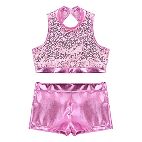 TiaoBug Ropa Deportiva de Danza Fitness Niña Maillot Gimnasia Rítmica Lentejuelas Chandales Cortos Deporte Tank Top Deportivo Pantalones Cortos Niña Rosa 7-8 Años