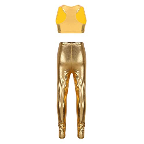 TiaoBug Traje Danza Jazz Maillot Gimnasia Rítmica Niñas Maillot Patinaje Ballet Chaleco Pantalones Metálico Brillante Conjunto de Bailarina Actuación 5-12 Años Dorado A 9-10 años