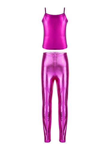 TiaoBug Traje para Danza Jazz Maillot Gimnasia Rítmica Niñas Ropa Conjunto Deportivo Chaleco Leggings Metálico Brillante Actuación 4-12 Años Hot Pink 10 años