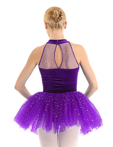 TiaoBug Tutú Vestido de Danza Ballet Mujer con Lentejuelas Maillots Gimnasia Rítmica Baillet Patinaje Actuación Leotardo Básico Elástico de Terciopelo Talla Grande Morado XX-Large