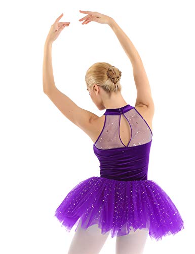 TiaoBug Tutú Vestido de Danza Ballet Mujer con Lentejuelas Maillots Gimnasia Rítmica Baillet Patinaje Actuación Leotardo Básico Elástico de Terciopelo Talla Grande Morado XX-Large