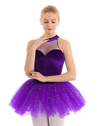 TiaoBug Tutú Vestido de Danza Ballet Mujer con Lentejuelas Maillots Gimnasia Rítmica Baillet Patinaje Actuación Leotardo Básico Elástico de Terciopelo Talla Grande Morado XX-Large