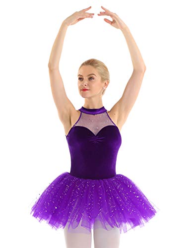 TiaoBug Tutú Vestido de Danza Ballet Mujer con Lentejuelas Maillots Gimnasia Rítmica Baillet Patinaje Actuación Leotardo Básico Elástico de Terciopelo Talla Grande Morado XX-Large