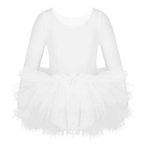 TiaoBug Vestido Ballet Niña Manga Larga Tutú Falda de 4 Capas Maillots de Danza Gimnasia Ritmica Leotardo Elástico Ballet Vestido Princesa Bailarinas Fiesta Blanco 3-4 Años