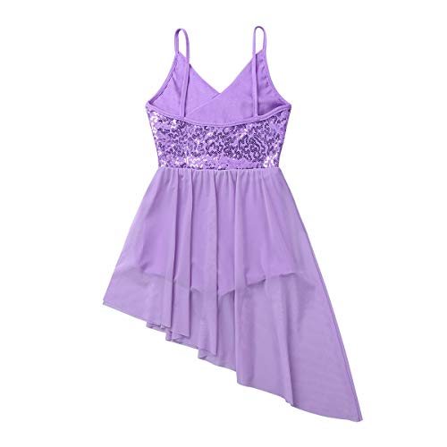 TiaoBug Vestido de Ballet Infántil con Lentejuelas Brillantes Maillots Patinaje Artístico Gimnasia Vestido de Espaqueti Irregular para Baile Flamengo Lavender 12-14 años