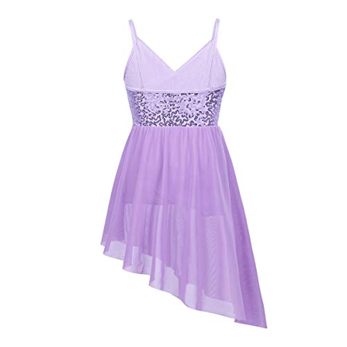 TiaoBug Vestido de Ballet Infántil con Lentejuelas Brillantes Maillots Patinaje Artístico Gimnasia Vestido de Espaqueti Irregular para Baile Flamengo Lavender 12-14 años