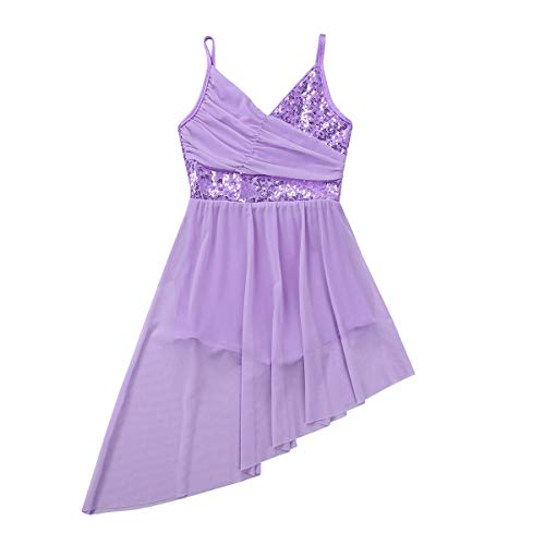 TiaoBug Vestido de Ballet Infántil con Lentejuelas Brillantes Maillots Patinaje Artístico Gimnasia Vestido de Espaqueti Irregular para Baile Flamengo Lavender 12-14 años