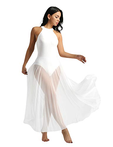 TiaoBug Vestido Largo de Danza Ballet Contemporanea Mujer Maillot Gimnasia Clásico Adultos Bodys Básico Leotardo con Tutú Falda Mallas Deportiva Baile Niñas Blanco Medium