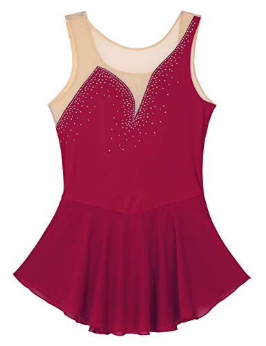 TiaoBug Vestidos de Patinaje Artistico Mujer Niñas Disfraz de Competición de Patinaje sobre Hielo Maillot Gimnasia Ritmica Ballet Leotardo Danza Body Elástico Burgundy X-Large