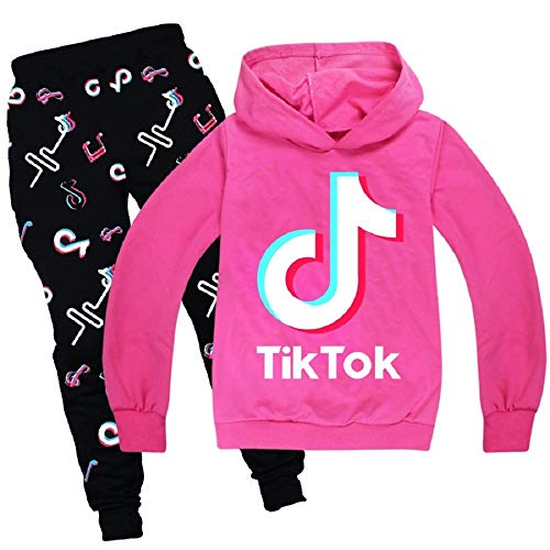 TIK Tok Hoodie Unisex Ropa para Niños Y Niñas Suéter Traje con Capucha Pantalones (F Rose Red,13-14 años)