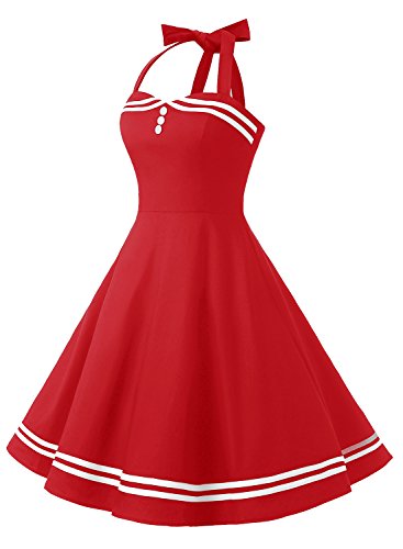 Timormode Vestido Cóctel Corto Vintage 50s Cuello Halter Vestido De Fiesta Rockabilly Mujer Rojo L