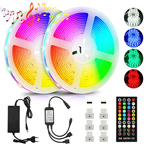 Tira de LED 10M, 300LED 5050 RGB LED Strip con control remoto de música y fuente de alimentación, impermeable tira LED USB con 16 cambios de color, para decoración de habitacion, hogar, bar, fiesta