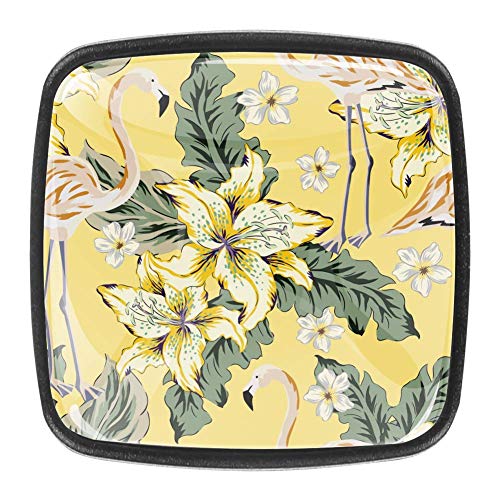 Tiradores cuadrados de cajón TIZORAX con diseño de flamencos en lirio de plumería, con forma de flor, selva, 4 piezas de cristal para armarios de cocina, de 30 mm Tiradores cuadrados de cajón TIZORAX con diseño de flamencos en lirio de plumería, con forma de flor, selva, 4 piezas de cristal para armarios de cocina, de 30 mm
