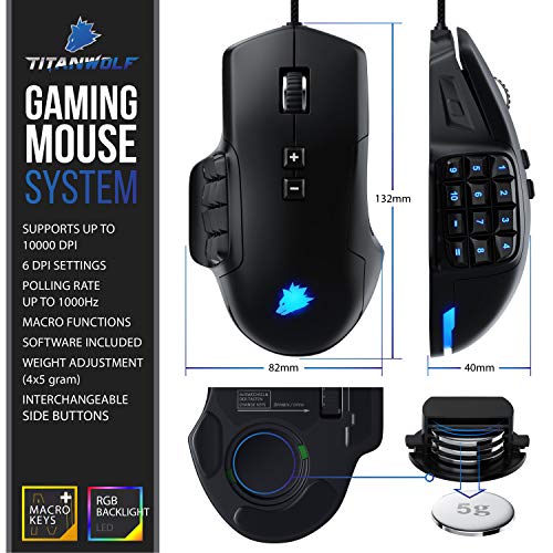 Titanwolf - System Ratón para juegos con una frecuencia de muestreo de 10000 dpi - 6 ajustes DPI - Botones de pulgar intercambiables - Modo de luz RGB - Plug y Play Titanwolf - System Ratón para juegos con una frecuencia de muestreo de 10000 dpi - 6 ajustes DPI - Botones de pulgar intercambiables - Modo de luz RGB - Plug y Play