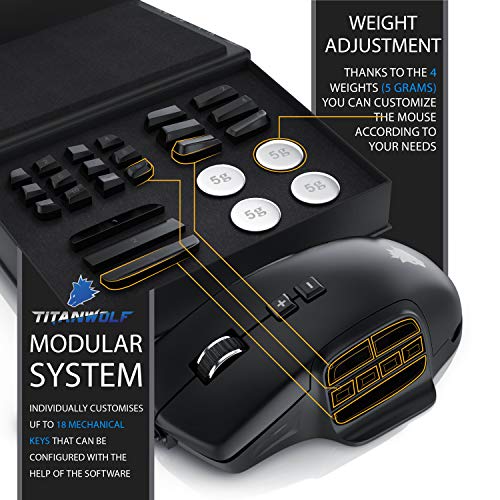 Titanwolf - System Ratón para juegos con una frecuencia de muestreo de 10000 dpi - 6 ajustes DPI - Botones de pulgar intercambiables - Modo de luz RGB - Plug y Play Titanwolf - System Ratón para juegos con una frecuencia de muestreo de 10000 dpi - 6 ajustes DPI - Botones de pulgar intercambiables - Modo de luz RGB - Plug y Play