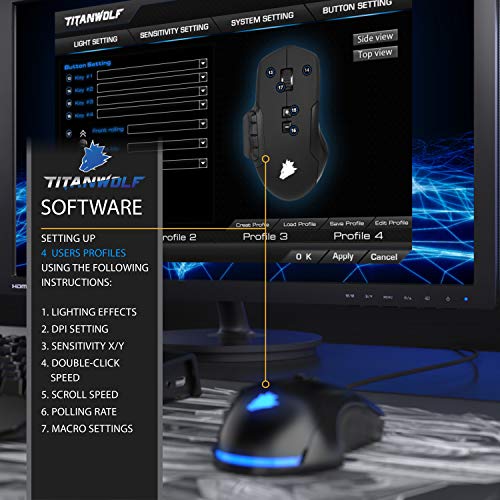 Titanwolf - System Ratón para juegos con una frecuencia de muestreo de 10000 dpi - 6 ajustes DPI - Botones de pulgar intercambiables - Modo de luz RGB - Plug y Play