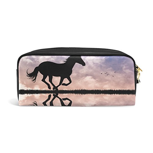 TIZORAX - Estuche de piel sintética para lápices de caballo con silueta al sol para estudiantes, estuche para bolígrafos, maquillaje, cosméticos TIZORAX - Estuche de piel sintética para lápices de caballo con silueta al sol para estudiantes, estuche para bolígrafos, maquillaje, cosméticos
