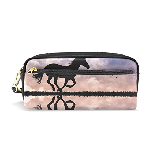 TIZORAX - Estuche de piel sintética para lápices de caballo con silueta al sol para estudiantes, estuche para bolígrafos, maquillaje, cosméticos TIZORAX - Estuche de piel sintética para lápices de caballo con silueta al sol para estudiantes, estuche para bolígrafos, maquillaje, cosméticos