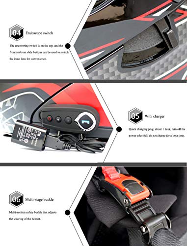 TKer Bluetooth Integrado Casco de Moto Modular de Cara Completa abatible con Doble Visera para Hombres y Mujeres Adultos, Certificación ECE,Rojo,M