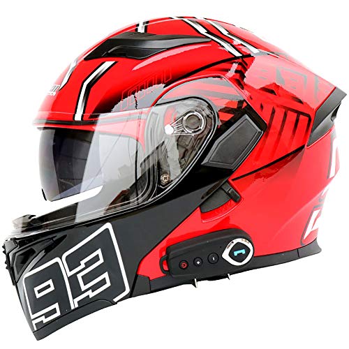 TKer Bluetooth Integrado Casco de Moto Modular de Cara Completa abatible con Doble Visera para Hombres y Mujeres Adultos, Certificación ECE,Rojo,M