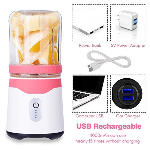 TKOOFN Licuadora Portátil Mini, Batidora Eléctrica Recargable USB 6 Cuchillas de Acero Inoxidable con 2 Botellas Desmontables (300+500ml) Malteada Batido Smoothies Viajar Fitness