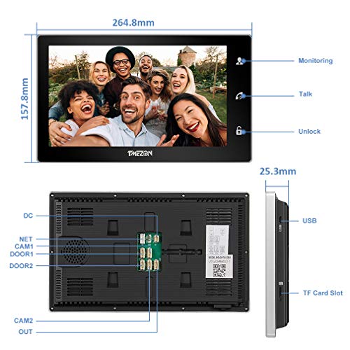 TMEZON WiFi videoportero intercomunicador Timbre Sistema de intercomunicación, Monitor WiFi de 10 Pulgadas con cámara Exterior con Cable (1M1C), Pantalla táctil, Control Remoto, desbloqueo de App