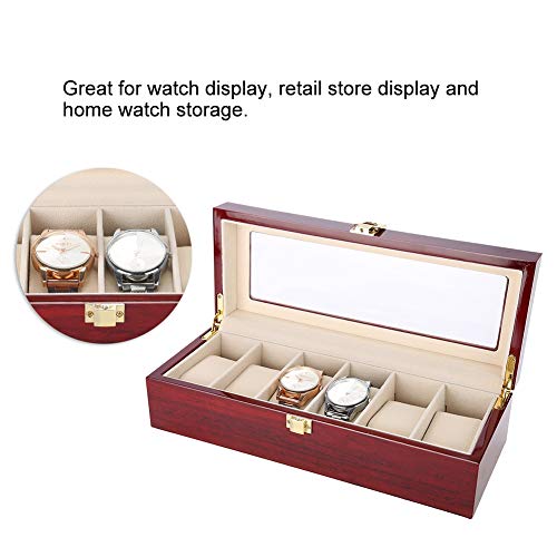 TMISHION Caja de Relojes con 6 Compartimientos, Reloj de Madera Caja de Almacenamiento, Moda Laca Caja para Relojes de Madera Estuche para Relojes y Joyeros para Hombres y Mujers, Tapa de Vidrio