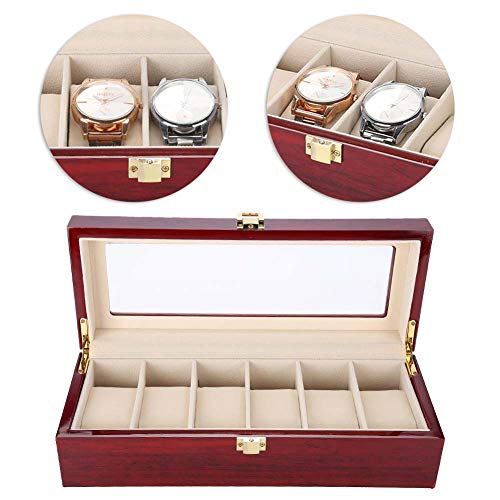 TMISHION Caja de Relojes con 6 Compartimientos, Reloj de Madera Caja de Almacenamiento, Moda Laca Caja para Relojes de Madera Estuche para Relojes y Joyeros para Hombres y Mujers, Tapa de Vidrio