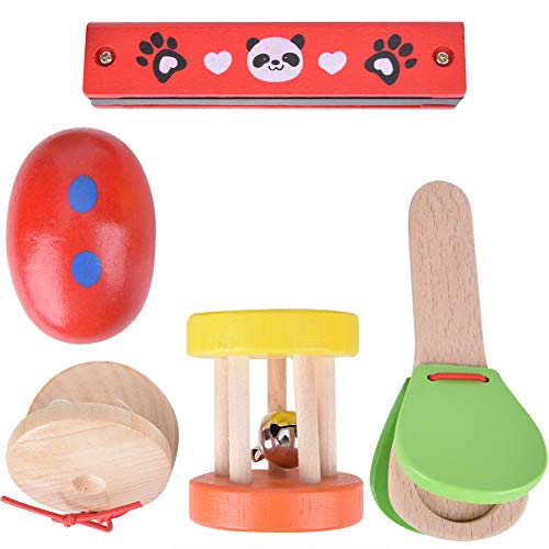 Tnfeeon 5pcs Conjunto de Instrumentos Musicales educativos de Madera, castañuelas armónicas de Campana de Mano de Dibujos Animados niños y niñas