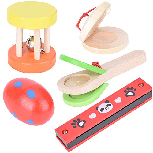 Tnfeeon 5pcs Conjunto de Instrumentos Musicales educativos de Madera, castañuelas armónicas de Campana de Mano de Dibujos Animados niños y niñas