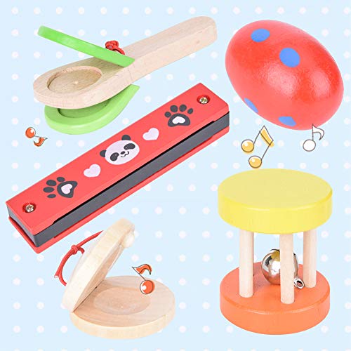 Tnfeeon 5pcs Conjunto de Instrumentos Musicales educativos de Madera, castañuelas armónicas de Campana de Mano de Dibujos Animados niños y niñas