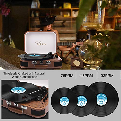 Tocadiscos de Vinilo,VOKSUN Tocadiscos Bluetooth y codificador Digital con 3 velocidades 33/45/78 RPM incorporadas 2 Altavoces estéreo Aux-In RCA -Marrón