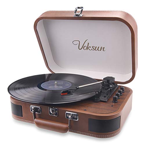 Tocadiscos de Vinilo,VOKSUN Tocadiscos Bluetooth y codificador Digital con 3 velocidades 33/45/78 RPM incorporadas 2 Altavoces estéreo Aux-In RCA -Marrón