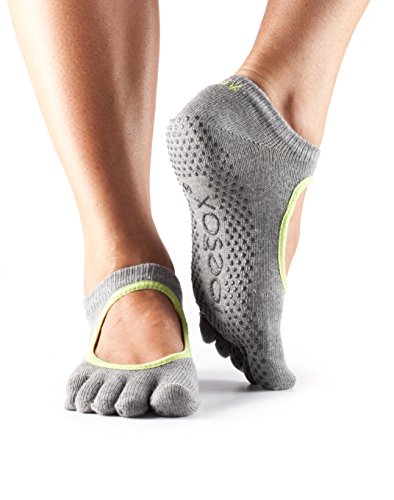 Toesox - Calcetines para yoga de mujer con el empeine al descubierto., Grey with Lime trim, large