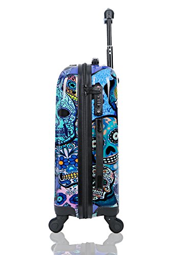 TOKYOTO - Maleta de Cabina Equipaje de Mano, Blue Skulls con Cargador USB, 8000mAh, 55x40x20 cm | Maleta Juvenil, Trolley de Viaje Ryanair, Easyjet | Maleta de Viaje Rígida Divertida Azul, Calaveras