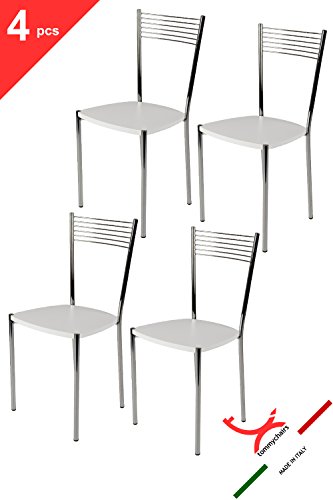 Tommychairs - Set 4 sillas Elegance para Cocina, Comedor, Bar y Restaurante, Estructura en Acero Cromado y Asiento en Madera Color Blanco