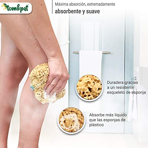 tom&pat® Esponja natural con cordel & colgante de cristal – Esponja de baño del mar Mediterráneo – Sin blanquear – Empaquetado sin plástico – Primera calidad (13-14 cm)