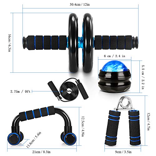 TOMSHOO 6 in 1 - Kit de Rueda Abdominal, Push Up Bars, Cuerda para Saltar, Fortalecedor de Mano, Rodilla Mat para Entrenamiento en Casa Ejercicios Fitness (Negro y Azul)