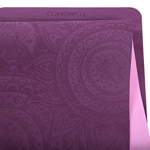 TOMSHOO Colchoneta Yoga Antideslizante, Esterilla Yoga de TPE 6mm, Alfombra Pilates Doble Color con Bolsa de Malla (183 * 61 * 0,6cm) (Morado Oscuro)